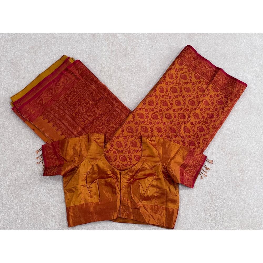 Mustard Gold Orange Silk Saree W/ Altered Stitched Blouse Banarasi